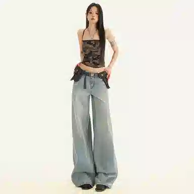 兰缪 美式设计感时尚复古水洗做旧直筒裤垂感百搭宽松高腰显瘦显高牛仔裤 女款