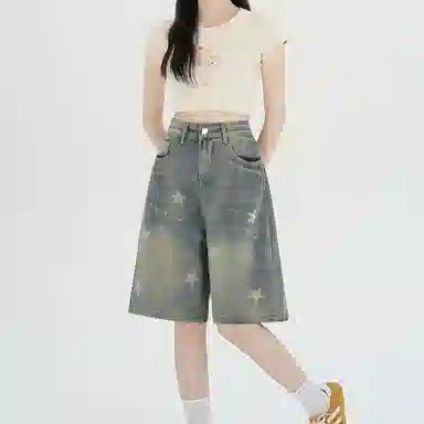 兰缪 复古风格星星印花阔腿五分中裤夏季宽松显瘦梨形身材牛仔短裤 女款
