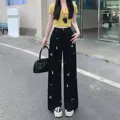 兰缪 小狗刺绣阔腿宽松拖地裤时尚休闲趣味图案高腰显瘦直筒牛仔裤 女款