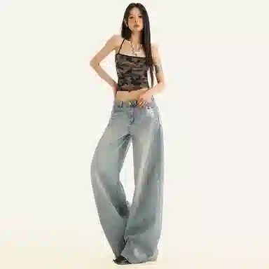 兰缪 美式设计感时尚复古水洗做旧直筒裤垂感百搭宽松高腰显瘦显高牛仔裤 女款