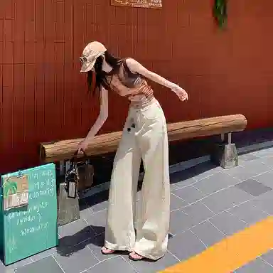 兰缪 美式高街辣妹风纯棉街头潮搭高腰显瘦时尚宽松大长腿阔腿拖地休闲直筒裤牛仔裤 女款