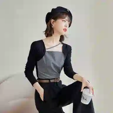 兰缪 时尚设计感甜酷辣妹内搭短款长袖方领上衣小众修身百搭针织衫 女款