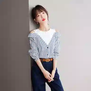 兰缪 时尚露肩设计假两件拼接宽松长袖上衣春夏秋条纹日常通勤百搭衬衫 女款