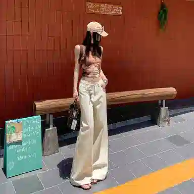 兰缪 美式高街辣妹风纯棉街头潮搭高腰显瘦时尚宽松大长腿阔腿拖地休闲直筒裤牛仔裤 女款