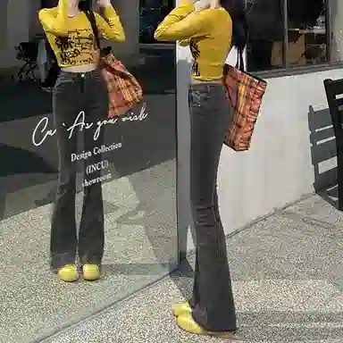 兰缪 高腰微喇叭弹力修身百搭显瘦拖地裤子潮流牛仔裤 女款