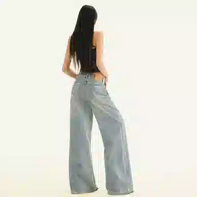 兰缪 美式设计感时尚复古水洗做旧直筒裤垂感百搭宽松高腰显瘦显高牛仔裤 女款