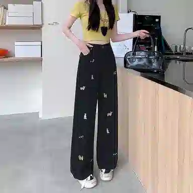 兰缪 小狗刺绣阔腿宽松拖地裤时尚休闲趣味图案高腰显瘦直筒牛仔裤 女款