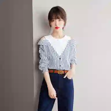兰缪 时尚露肩设计假两件拼接宽松长袖上衣春夏秋条纹日常通勤百搭衬衫 女款
