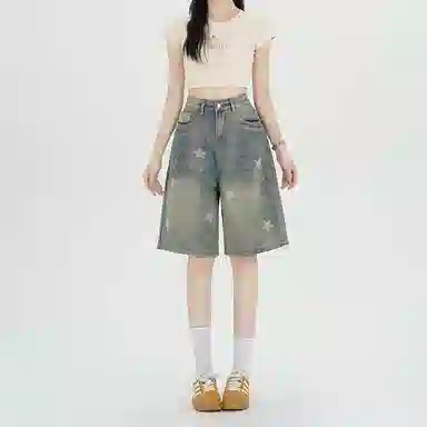 兰缪 复古风格星星印花阔腿五分中裤夏季宽松显瘦梨形身材牛仔短裤 女款