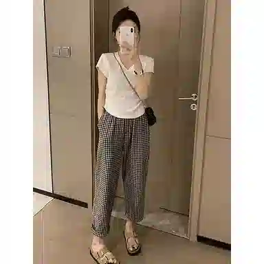 兰缪 薄款格子通勤哈伦休闲裤 女款