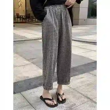 兰缪 薄款格子通勤哈伦休闲裤 女款