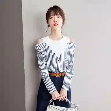 兰缪 时尚露肩设计假两件拼接宽松长袖上衣春夏秋条纹日常通勤百搭衬衫 女款