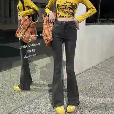 兰缪 高腰微喇叭弹力修身百搭显瘦拖地裤子潮流牛仔裤 女款