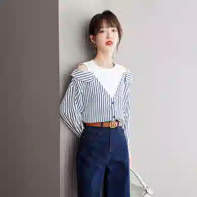 兰缪 时尚露肩设计假两件拼接宽松长袖上衣春夏秋条纹日常通勤百搭衬衫 女款