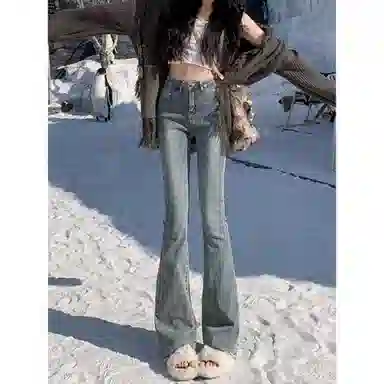 兰缪 高腰微喇叭弹力修身百搭显瘦拖地裤子潮流牛仔裤 女款