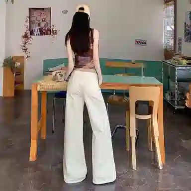 兰缪 美式高街辣妹风纯棉街头潮搭高腰显瘦时尚宽松大长腿阔腿拖地休闲直筒裤牛仔裤 女款