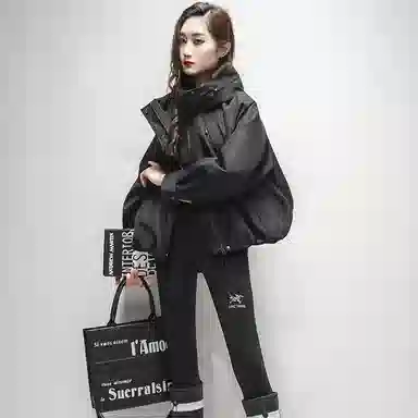 兰缪 休闲户外运动气质通勤简约拼接宽松百搭显瘦连帽外套风衣 女款