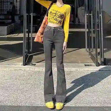 兰缪 高腰微喇叭弹力修身百搭显瘦拖地裤子潮流牛仔裤 女款