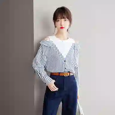 兰缪 时尚露肩设计假两件拼接宽松长袖上衣春夏秋条纹日常通勤百搭衬衫 女款