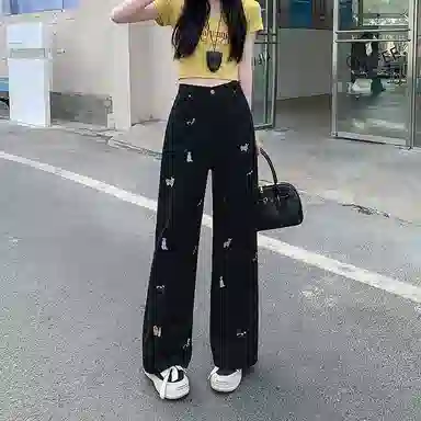 兰缪 小狗刺绣阔腿宽松拖地裤时尚休闲趣味图案高腰显瘦直筒牛仔裤 女款