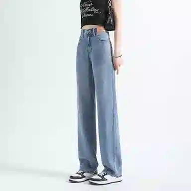 兰缪 阔腿休闲裤高腰宽松拖地牛仔裤 女款