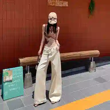 兰缪 美式高街辣妹风纯棉街头潮搭高腰显瘦时尚宽松大长腿阔腿拖地休闲直筒裤牛仔裤 女款