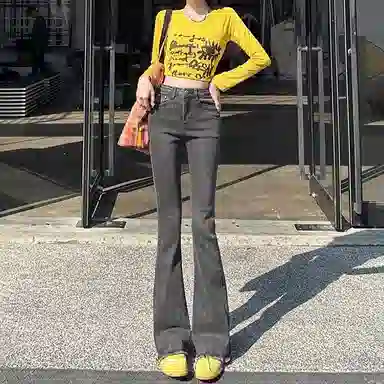 兰缪 高腰微喇叭弹力修身百搭显瘦拖地裤子潮流牛仔裤 女款