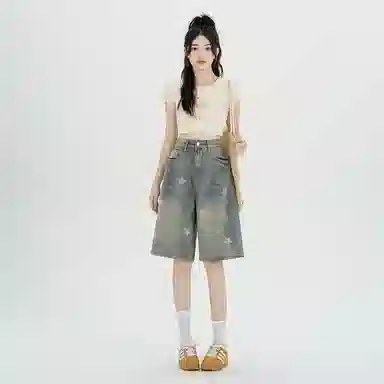 兰缪 复古风格星星印花阔腿五分中裤夏季宽松显瘦梨形身材牛仔短裤 女款