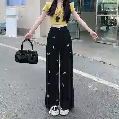 兰缪 小狗刺绣阔腿宽松拖地裤时尚休闲趣味图案高腰显瘦直筒牛仔裤 女款