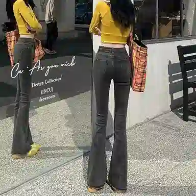 兰缪 高腰微喇叭弹力修身百搭显瘦拖地裤子潮流牛仔裤 女款