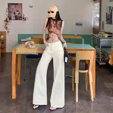 兰缪 美式高街辣妹风纯棉街头潮搭高腰显瘦时尚宽松大长腿阔腿拖地休闲直筒裤牛仔裤 女款