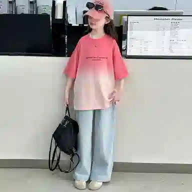 木木屋休闲运动套装 时尚渐变短袖搭配百搭舒适牛仔裤 西瓜红 青少年