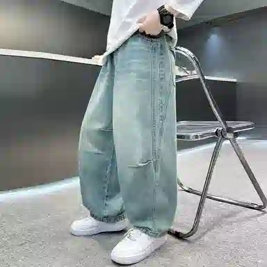 木木屋牛仔裤 简约舒适宽松松紧腰 浅蓝色 儿童款