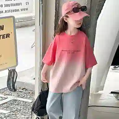 木木屋休闲运动套装 时尚渐变短袖搭配百搭舒适牛仔裤 西瓜红 青少年