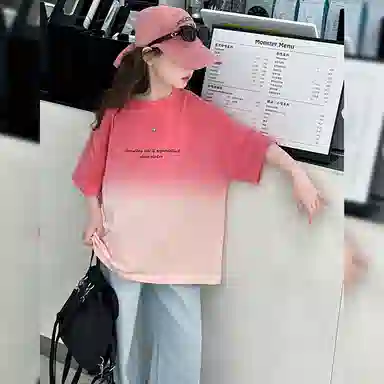 木木屋休闲运动套装 时尚渐变短袖搭配百搭舒适牛仔裤 西瓜红 青少年