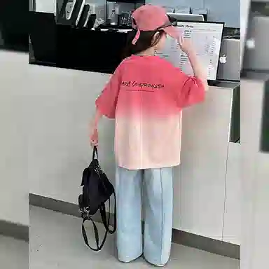 木木屋休闲运动套装 时尚渐变短袖搭配百搭舒适牛仔裤 西瓜红 青少年