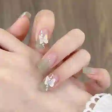 嘉比兔 渐变绿色冰透蝴蝶穿戴甲美甲假指甲夏日小清新法式可拆卸指甲甲片  方型浅色晕染 可爱
