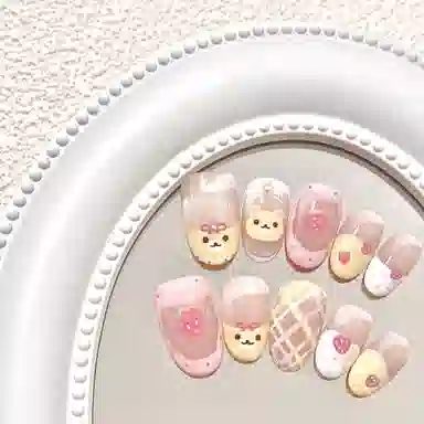 嘉比兔 纯手工手绘草莓甜美轻松手工穿戴少女卡通可爱指甲美甲可拆卸  短梯黄色纯色 可爱