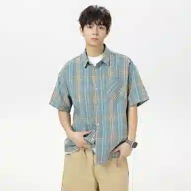 海尔斯 潮牌时尚英伦格子工装高街宽松短袖衬衫 男款