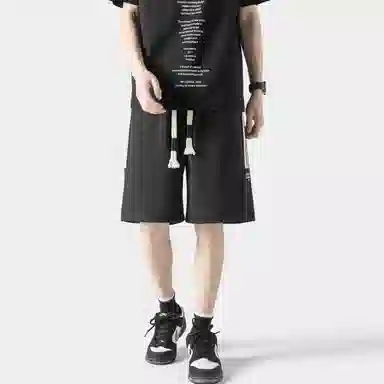 海尔斯 美式复古高街舒适时尚简约纯色条纹宽松百搭系带休闲短裤 男款