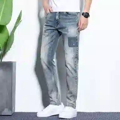 海尔斯 弹力修身舒适时尚简约百搭水洗做旧直筒牛仔裤 男款 怀旧蓝