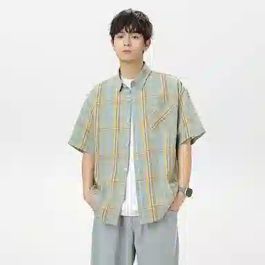 海尔斯 潮牌时尚英伦格子工装高街宽松短袖衬衫 男款