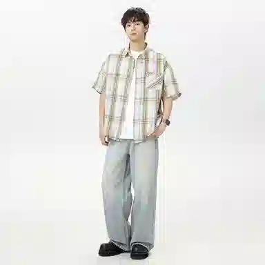 海尔斯 潮牌时尚英伦格子工装高街宽松短袖衬衫 男款