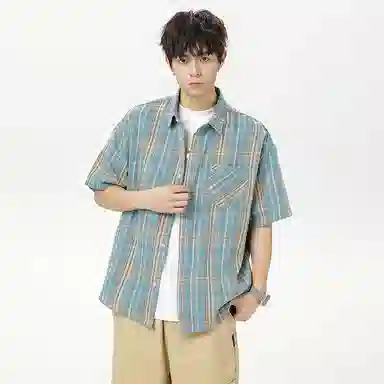 海尔斯 潮牌时尚英伦格子工装高街宽松短袖衬衫 男款