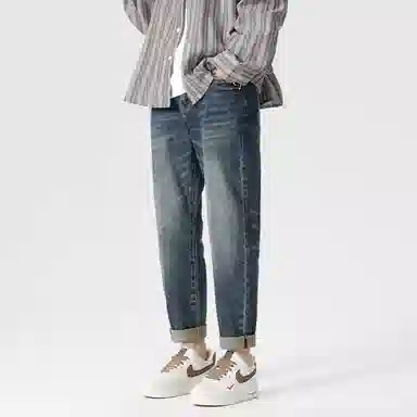 海尔斯 美式复古高街舒适时尚水洗做旧口袋宽松休闲百搭柔软亲肤直筒牛仔裤 男款 蓝色