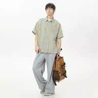 海尔斯 潮牌时尚英伦格子工装高街宽松短袖衬衫 男款