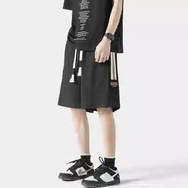 海尔斯 美式复古高街舒适时尚简约纯色条纹宽松百搭系带休闲短裤 男款