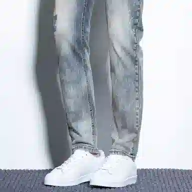 海尔斯 弹力修身舒适时尚简约百搭水洗做旧直筒牛仔裤 男款 怀旧蓝