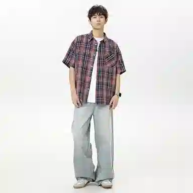 海尔斯 潮牌时尚英伦格子工装高街宽松短袖衬衫 男款