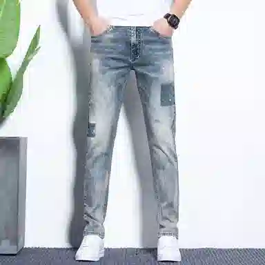 海尔斯 弹力修身舒适时尚简约百搭水洗做旧直筒牛仔裤 男款 怀旧蓝